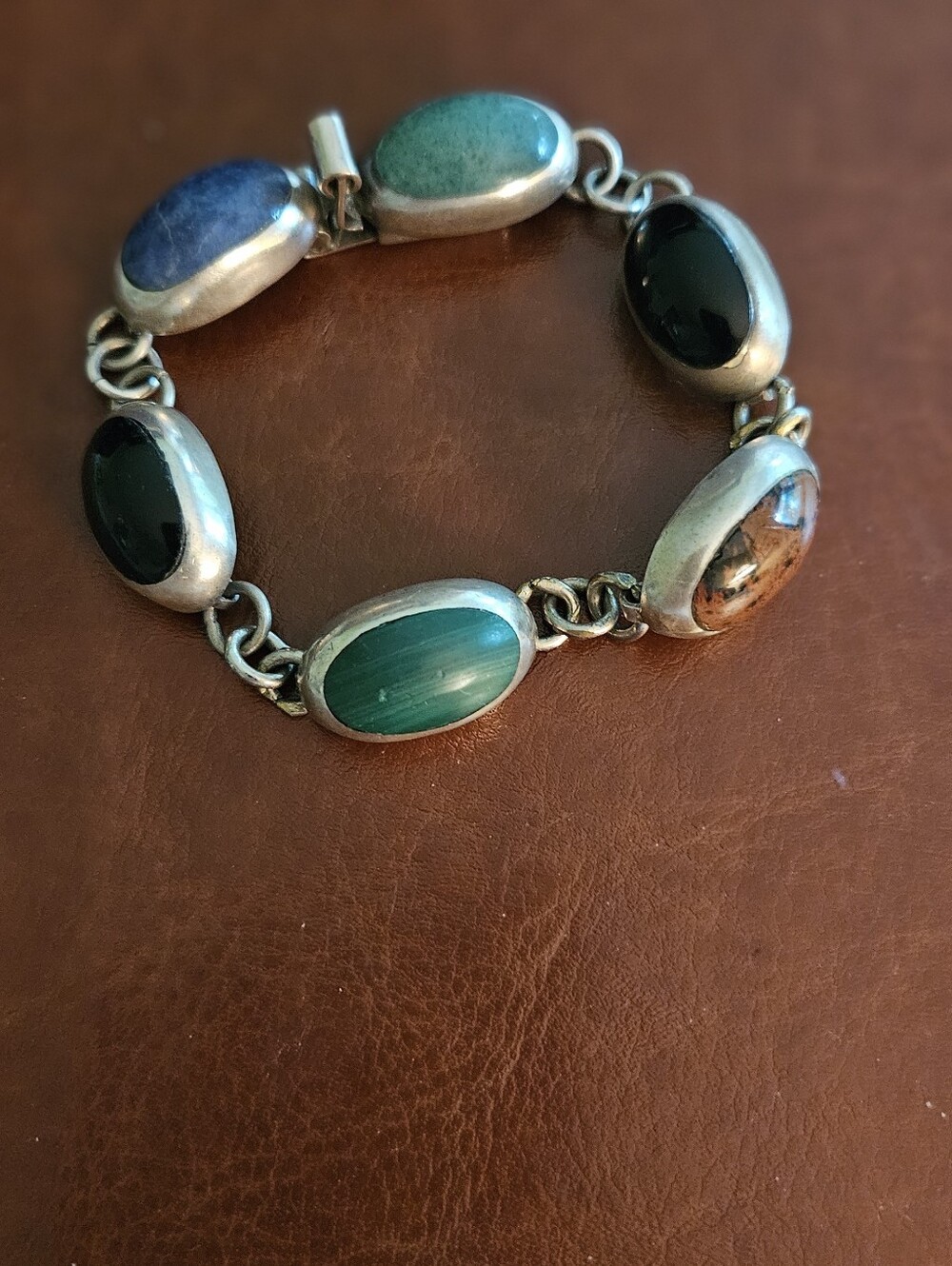 Sterling Artisan Multistone Oval Link Bracelet - Green, Black, Blue, Brown